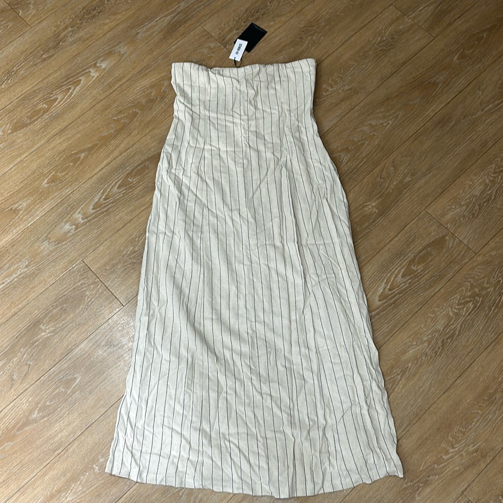 Khaki, pinstriped, strapless dress. Purchased at ASOS, sized XL.